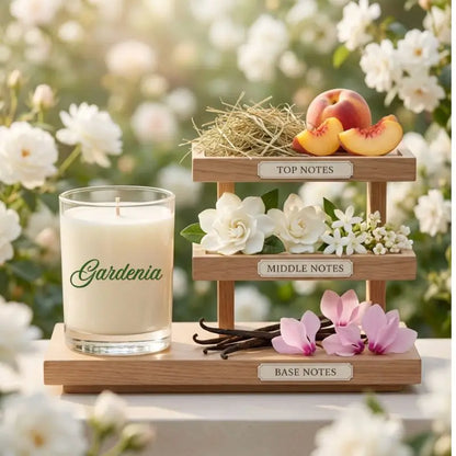 Gardenia candle with a wooden display of flowers and fruits against a floral background
