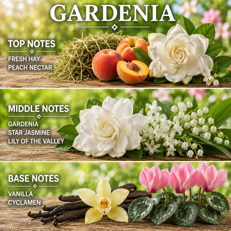 Gardenia candle displaying flowers and fruits against a floral background