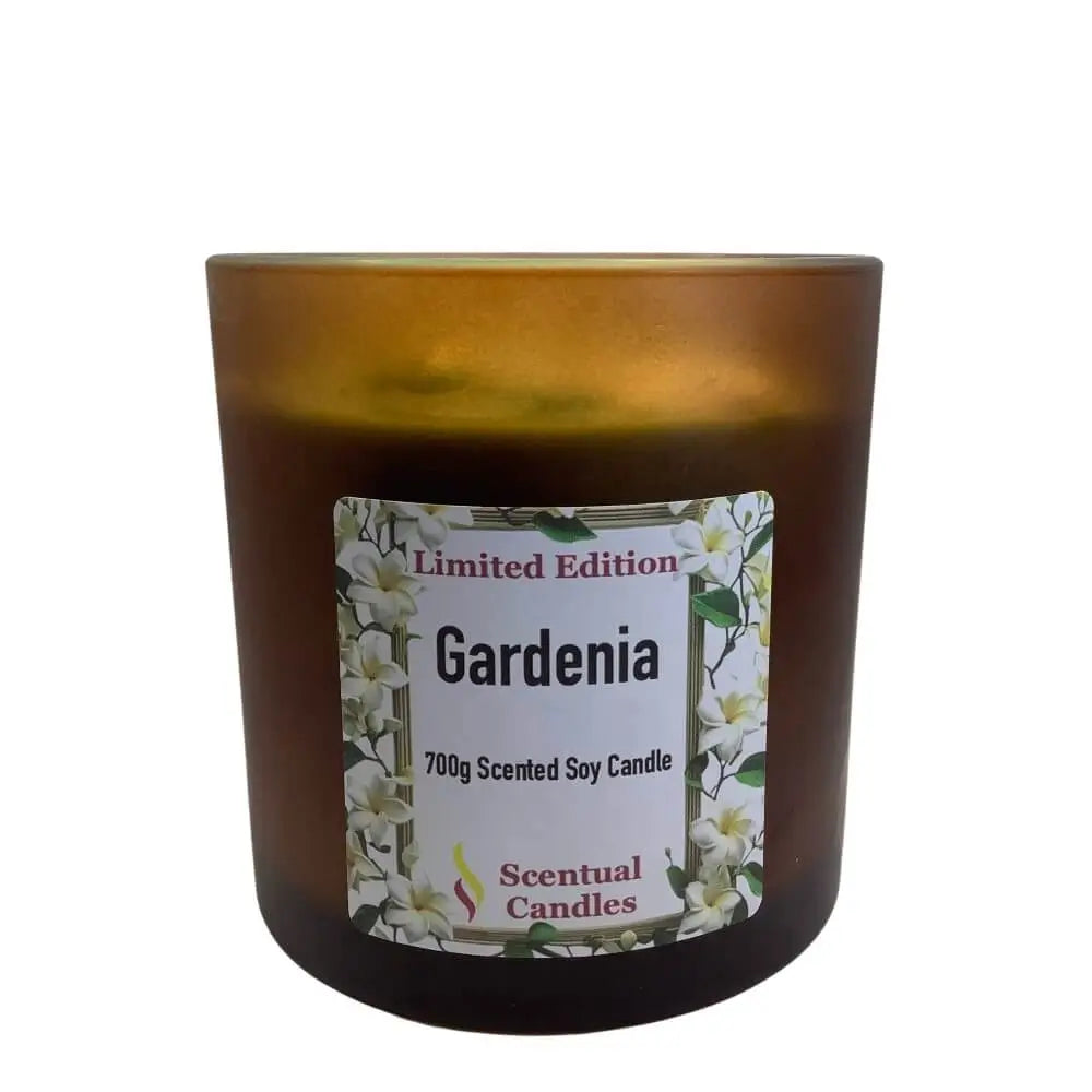 Brown scented soy candle labeled 'Gardenia' on a white background