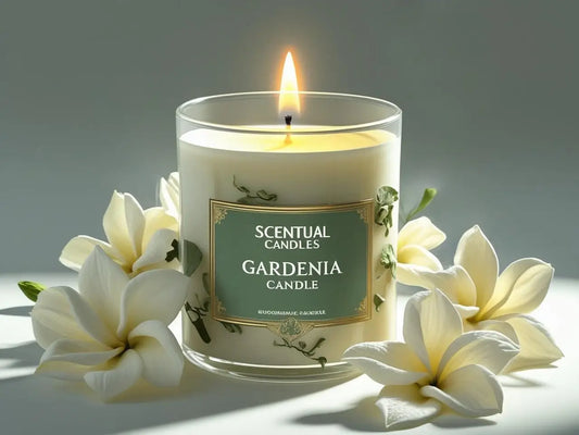 Scentual Gardenia candle with flowers on a gray background