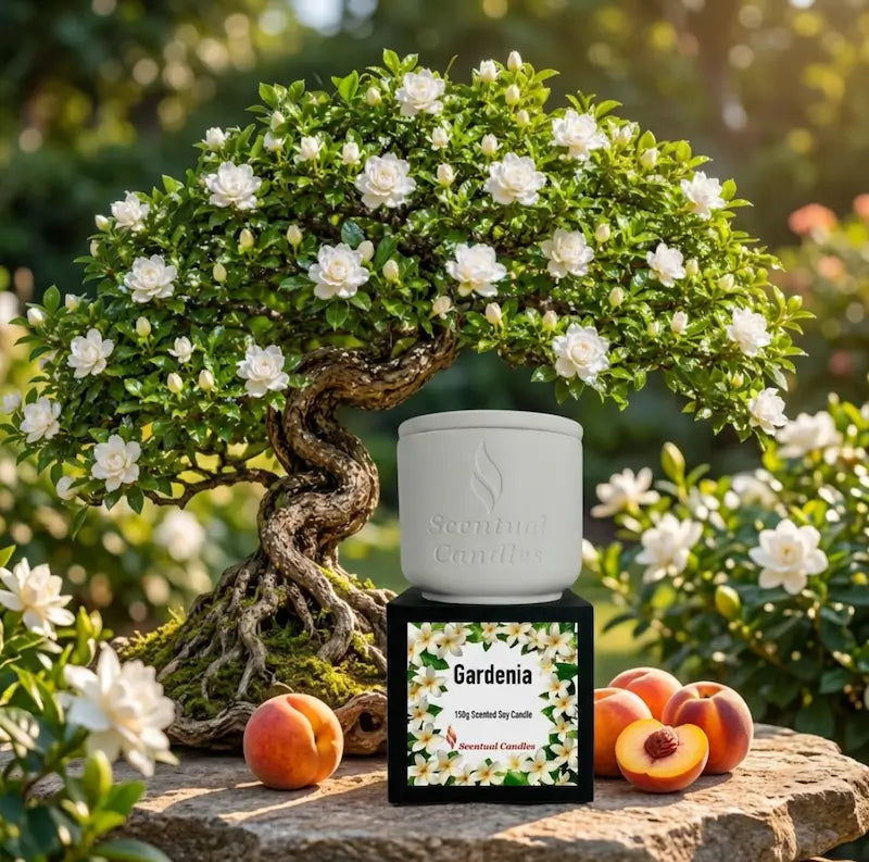 Gardenia Candle and decorative tree with white flowers in a serene garden setting, showcasing the creamy floral scent.