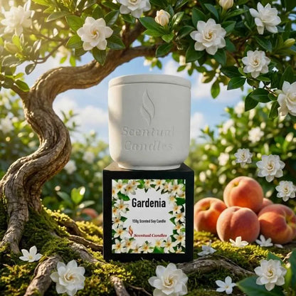 Gardenia Candle - Scented Soy Floral displayed in a serene garden setting with white flowers and natural elements.