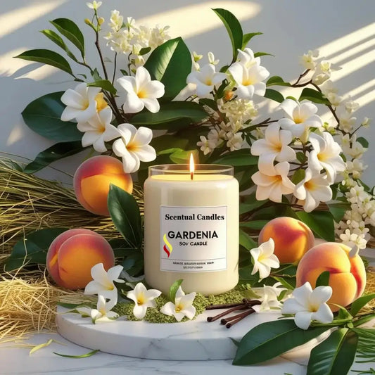 Gardenia candle surrounded by flowers and peaches on a white surface