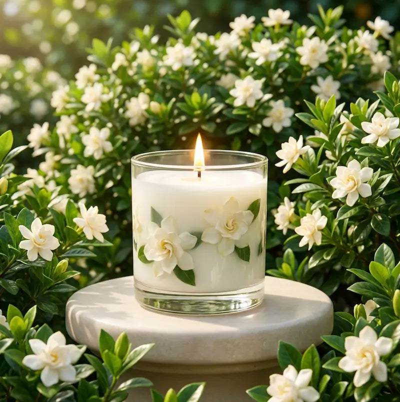 Gardenia Candle with floral design in front of a bush with white flowers