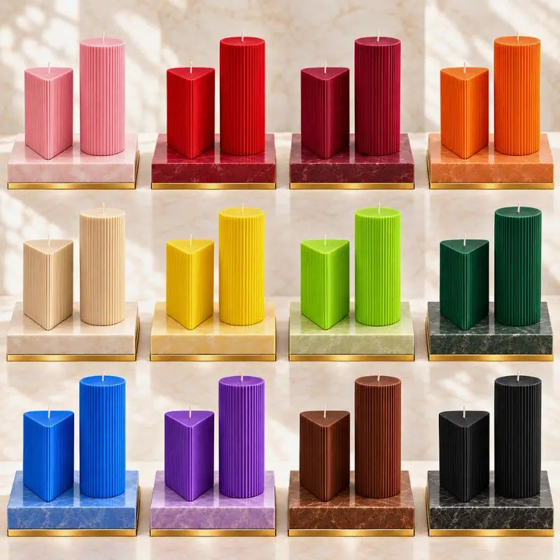 Geometric Pillar Candle Set showcasing various colors and shapes, highlighting the Geometric Pillar Candle design.