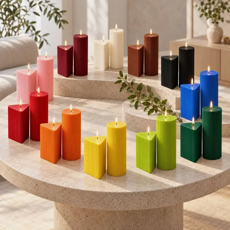 Colorful Geometric Pillar Candle Set showcased on a table with different shapes and heights in vibrant tones.