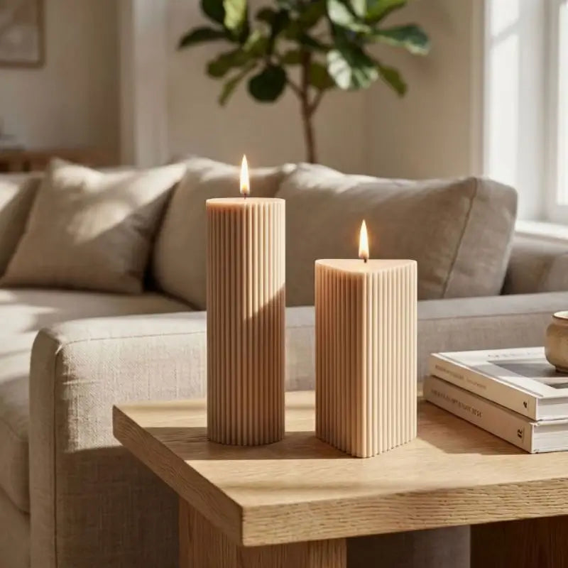 Geometric Pillar Candle set featuring ribbed triangle and column on a wooden table in a cozy living room.
