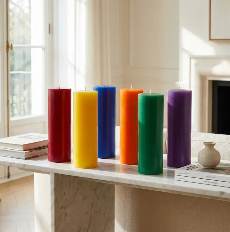 Colorful Giant Pillar Candles displayed on a table, showcasing red, yellow, green, blue, orange, and purple shades.