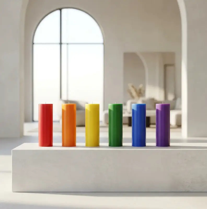 Giant Pillar Candle display in vibrant colors on a modern pedestal interior setting.