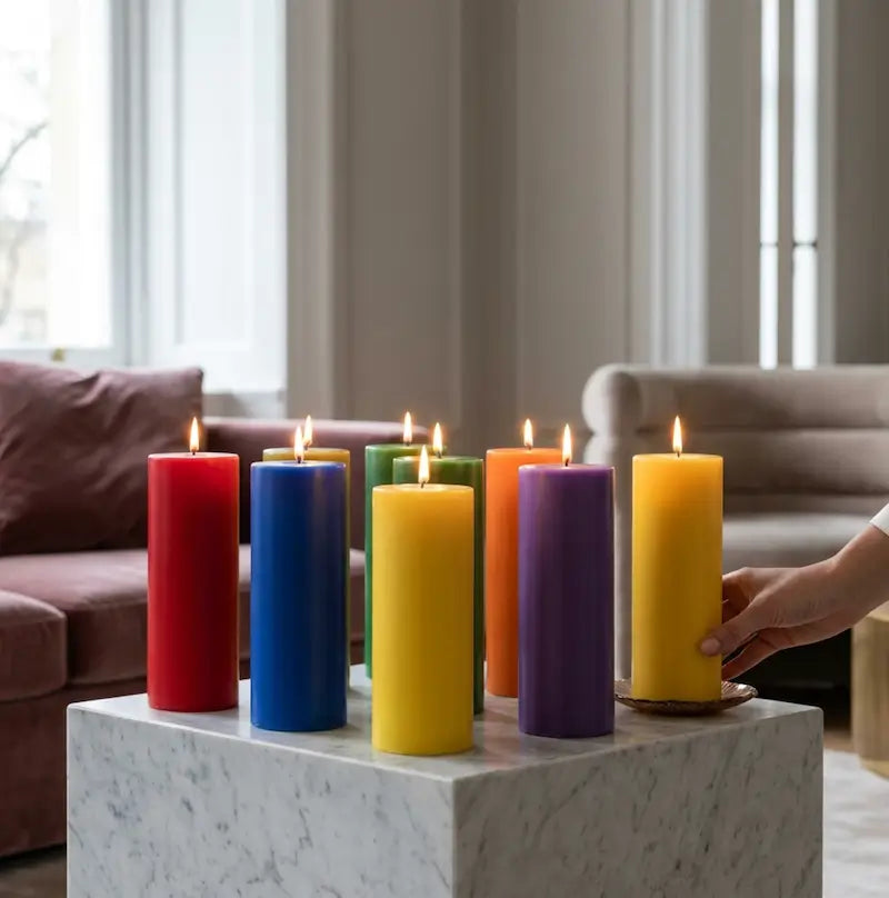 Giant Pillar Candle display in vibrant colors on a marble table in a modern living room with a cozy sofa.