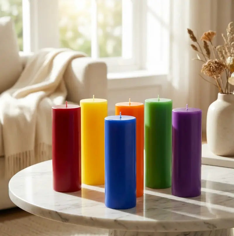 Vibrant Giant Pillar Candle set in various colors on a marble table, creating a cheerful ambiance.