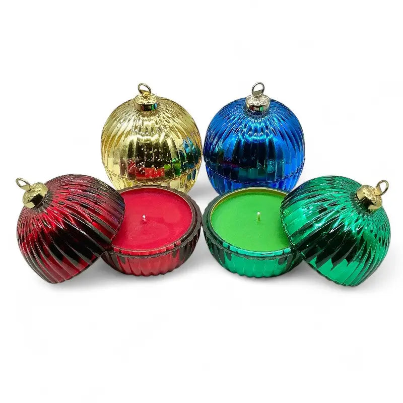 Glass Bauble Christmas scented candles in colorful bauble jars with holiday decor