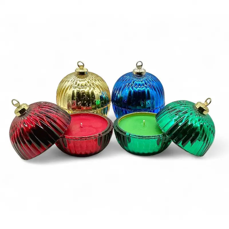 Glass Bauble Christmas Scented Candles in colorful ribbed jars with gold tops