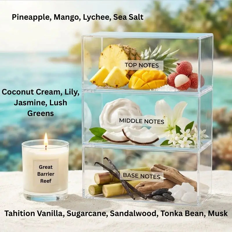 Mini Candles Set of 4 featuring tropical scents: Pineapple, Mango, Lychee, Sea Salt, and more.