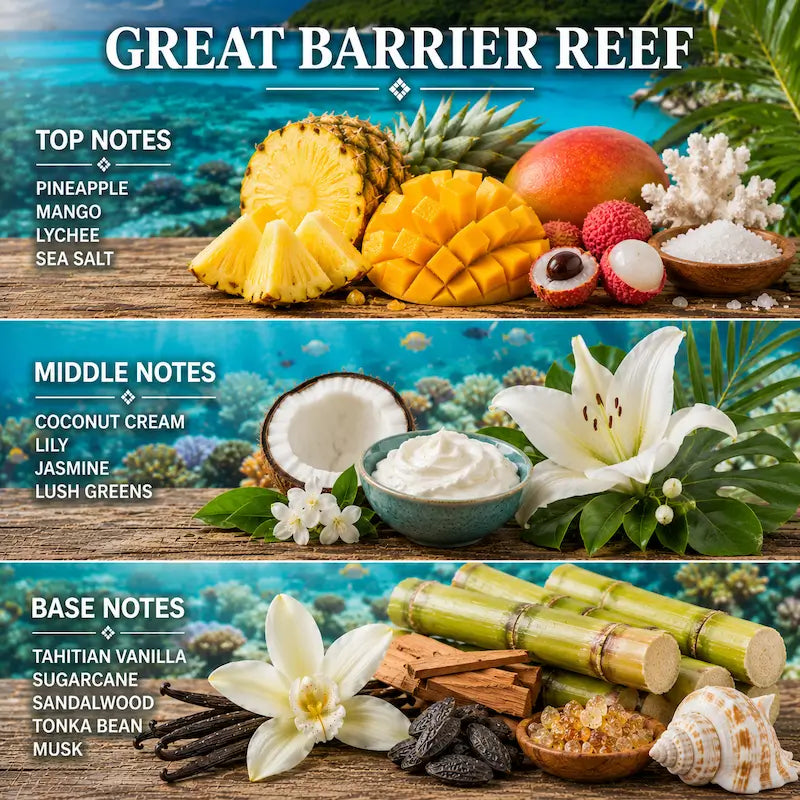 Tropical Scented Candle with notes on top, middle, and base notes of a fragrance inspired by nature.
