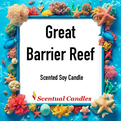 Tropical Scented Candle Great Barrier Reef packaging with colorful coral and marine theme