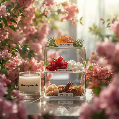 Honeysuckle scented candle with a transparent container displaying notes on a floral background