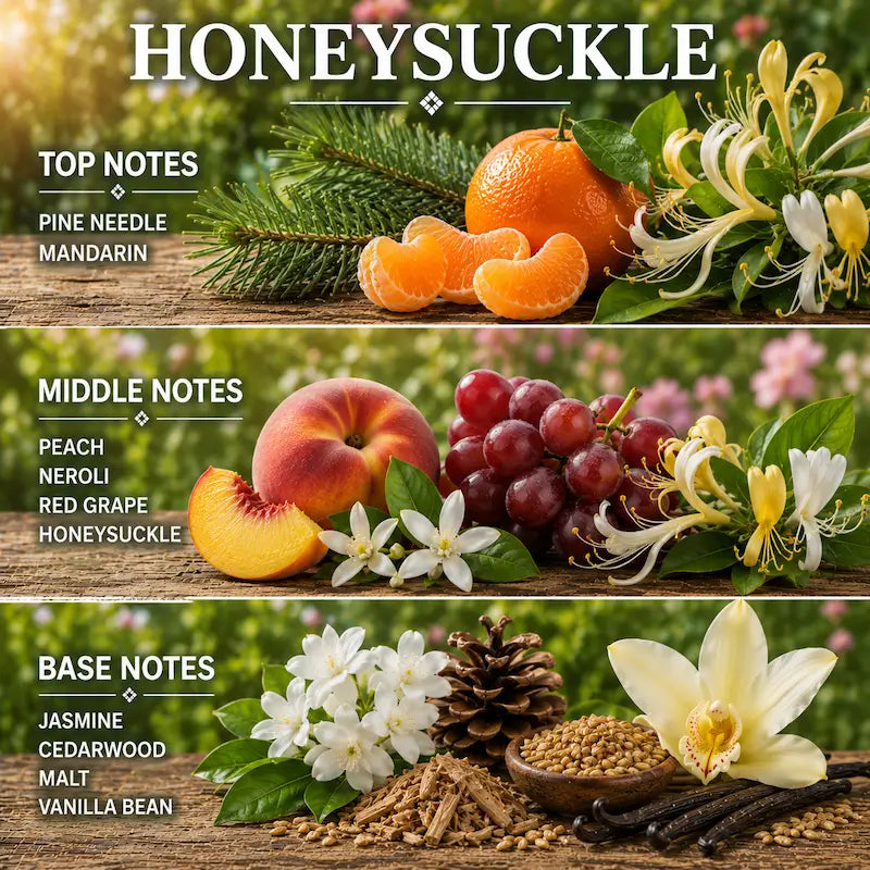 Honeysuckle Candle fragrance notes including top, middle and base notes of floral and fruity elements.