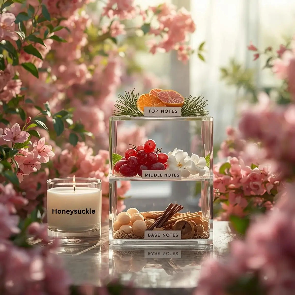Set of 4 Mini Candles - Florals with a candle and fragrance notes display, surrounded by blooming flowers.