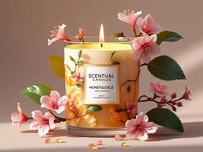 Honeysuckle scented candle surrounded by flowers on a neutral background