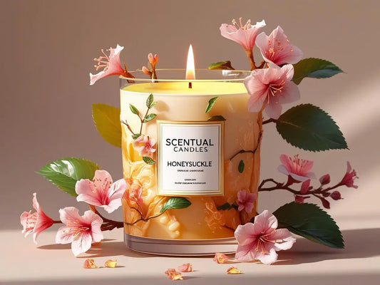 Scentual Candles Honeysuckle candle with floral design and pink flowers around it.