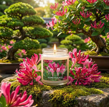 Honeysuckle Scented Candle surrounded by vibrant pink flowers in a lush garden, evoking freshness and floral bliss.