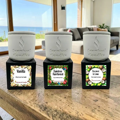 Housewarming Candle Gift Pack featuring Vanilla, Daintree Rainforest, Coconut & Lime scents on a wooden table in a cozy living room.