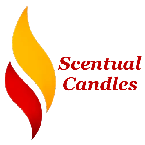 Logo of Scentual Candles with flame-shaped designs in red and yellow on a white background