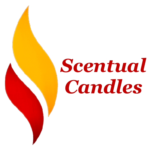 Logo of Scentual Candles with red and yellow flames on a black background