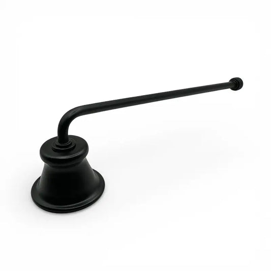 Matte black wrought iron candle snuffer extinguishing tool for clean, smoke-free flame extinguishing and improved candle care.