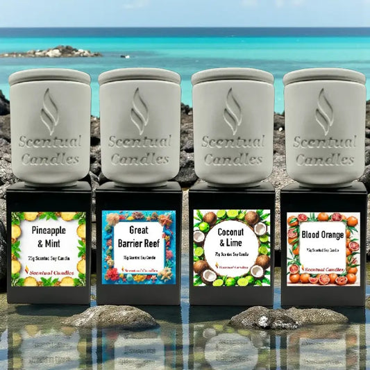 Mini Candles Set of 4 Soy - Summer Scents Collection with tropical aromas Pineapple Mint, Great Barrier Reef, Coconut Lime, Blood Orange