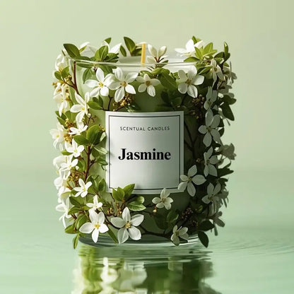Jasmine Candle with jasmine flowers and a label on a light green background