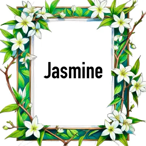 Jasmine Candle floral frame with white flowers and green leaves, highlighting the elegance of scented soy candles.
