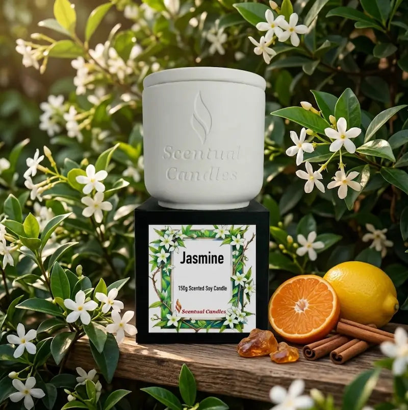 Jasmine Candle displayed amidst blooming jasmine flowers with citrus and spice accents.