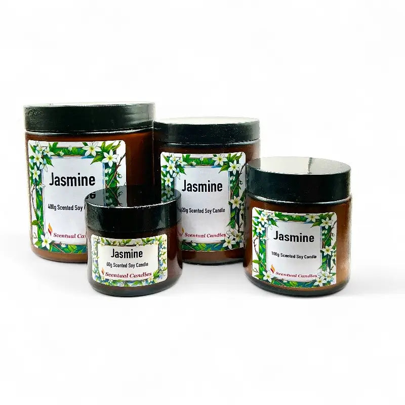 Four jasmine candle of different sizes on a white background