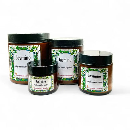 Four jasmine candle of different sizes on a white background