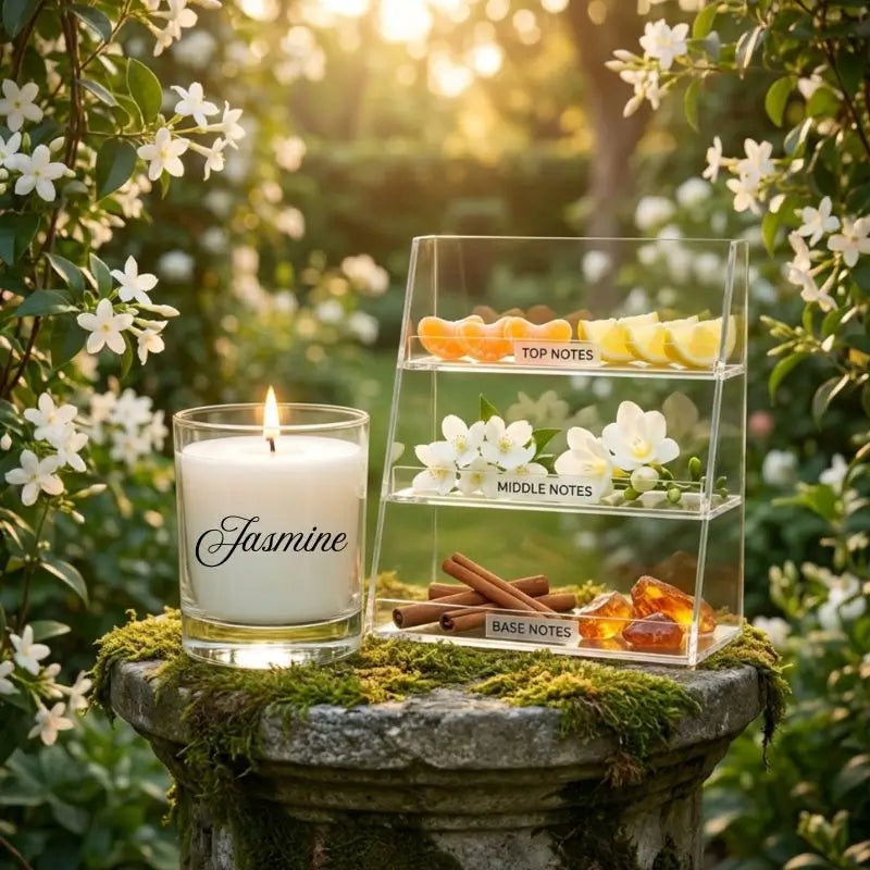 Jasmine Scented soy pillar candle beside a fragrance note display with flowers and herbs in a garden setting.