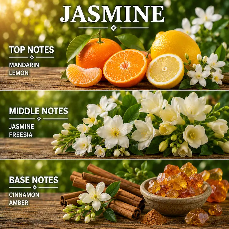 Jasmine candle displaying notes in a garden setting