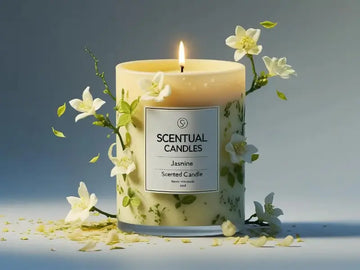Scentual candles with jasmine candle on a gray background
