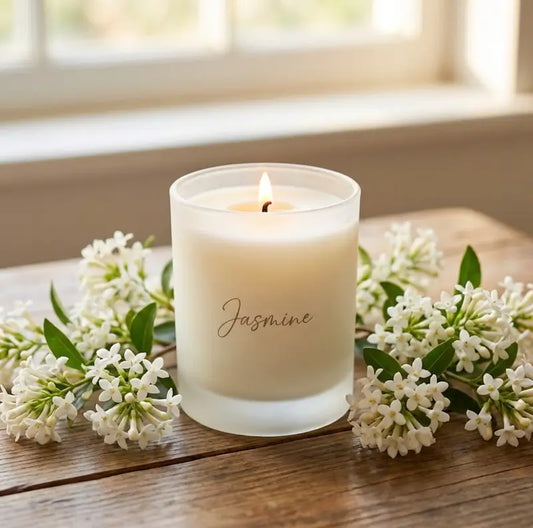 Jasmine candle surrounded by white flowers on a wooden surface