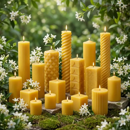 Jasmine scented candles of different shapes and sizes on a natural background with greenery and white flowers.