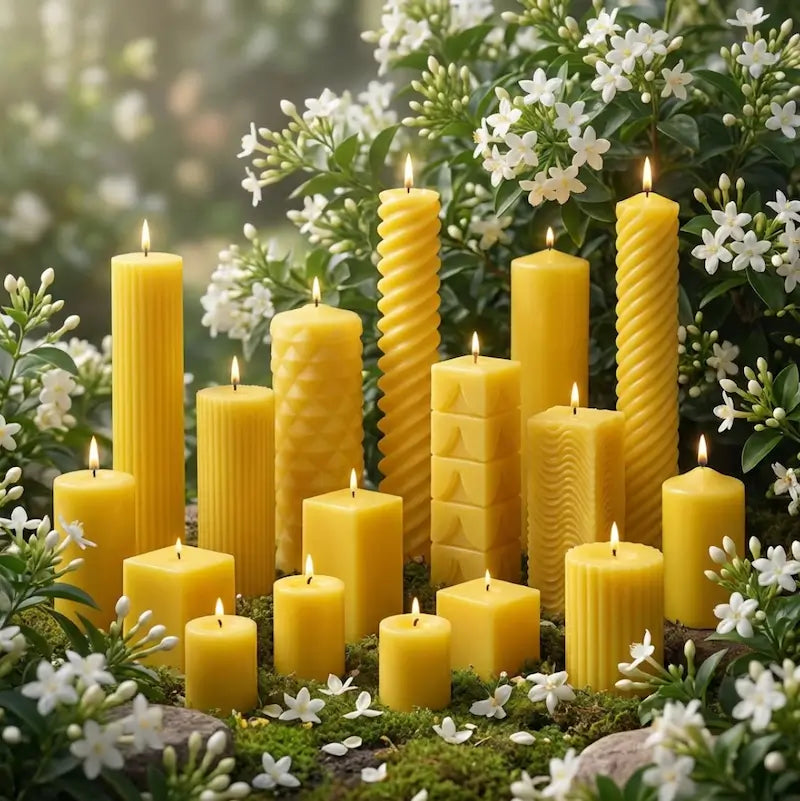 Jasmine scented yellow candles of various shapes and sizes on a natural background with greenery and white flowers.