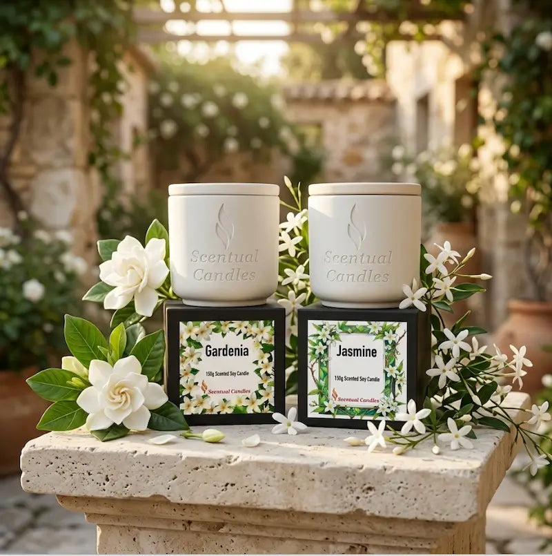 Jasmine Gardenia Candle Set featuring Gardenia and Jasmine candles surrounded by fresh flowers.