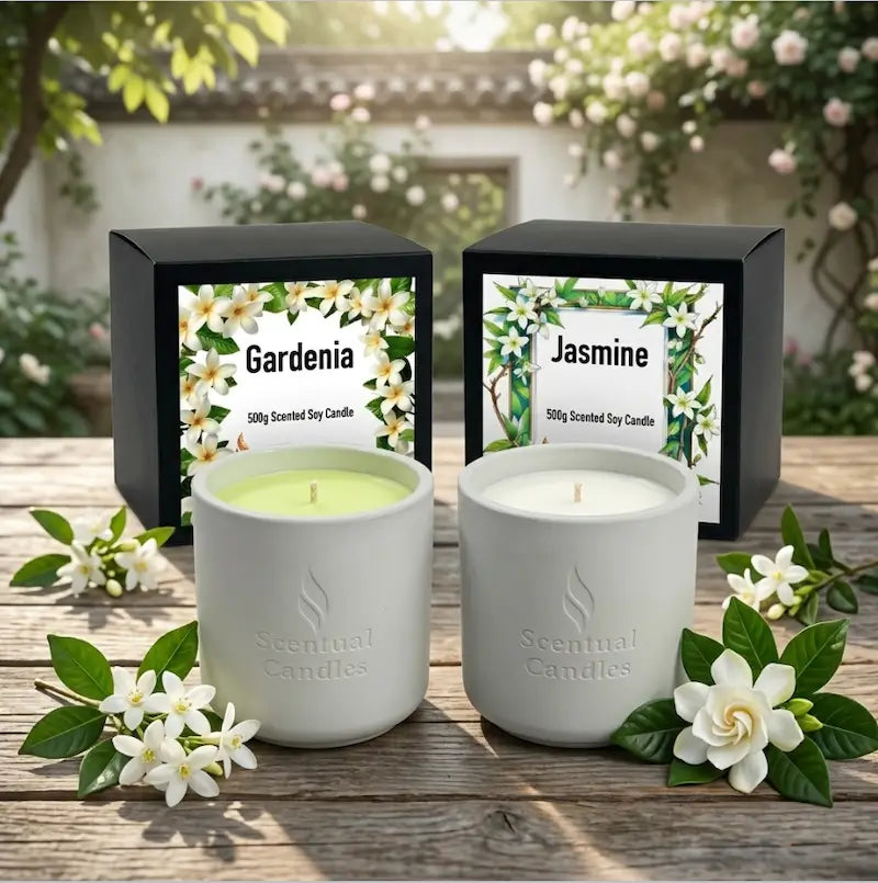 Jasmine Gardenia Candle Set featuring Jasmine and Gardenia scented soy candles beautifully displayed with floral accents.