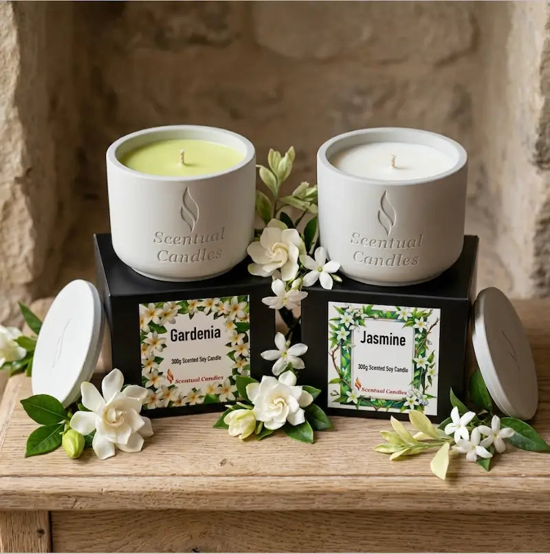 Jasmine Gardenia Candle Set featuring Jasmine and Gardenia scented candles with floral decorations, ideal for elegant home fragrance.