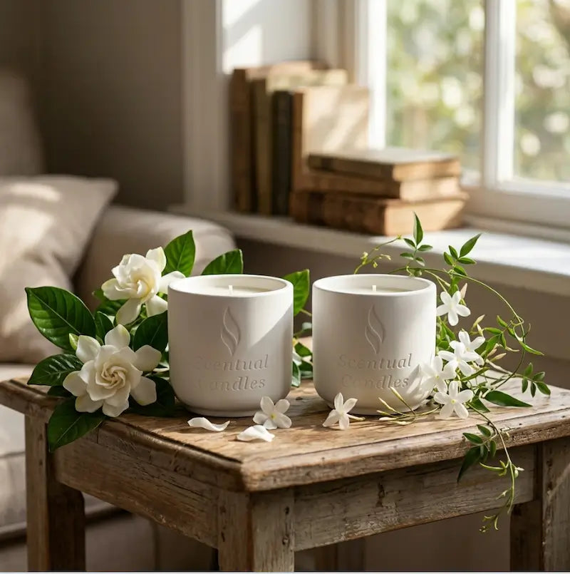 Jasmine Gardenia Candle Set displayed on a wooden table with white floral accents and natural light.