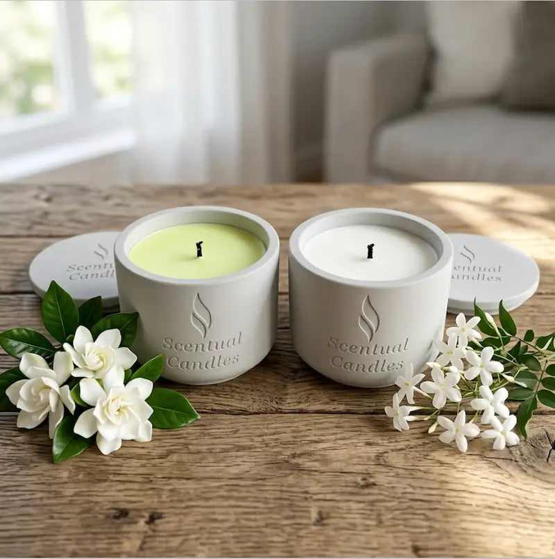 Jasmine Gardenia candle set displayed beside fresh white flowers on a wooden table.