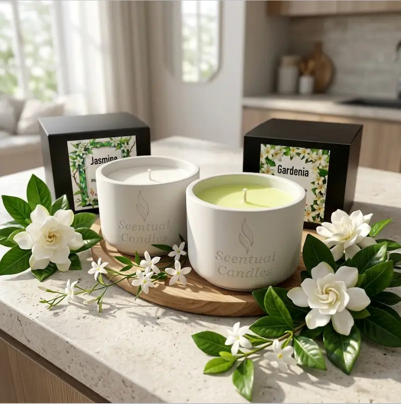 Jasmine Gardenia Candle Set featuring elegant jars surrounded by fresh jasmine and gardenia flowers on a wooden tray.