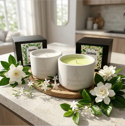 Jasmine Gardenia Candle Set featuring elegant jars surrounded by fresh jasmine and gardenia flowers on a wooden tray.