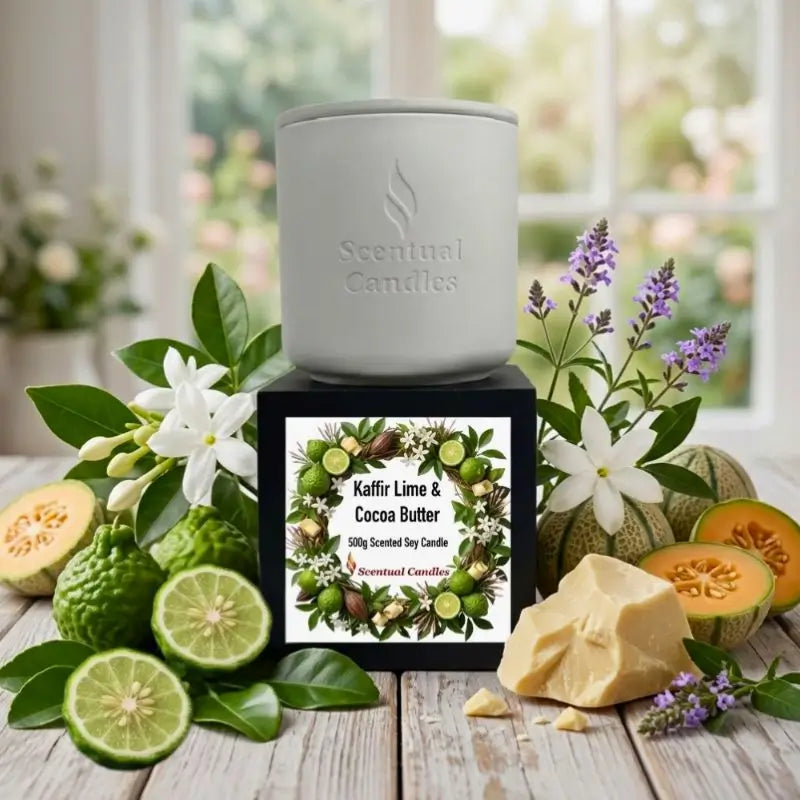 Kaffir Lime and Cocoa Butter Candle with natural elements and flowers, showcasing rich lime and cocoa butter fragrance.